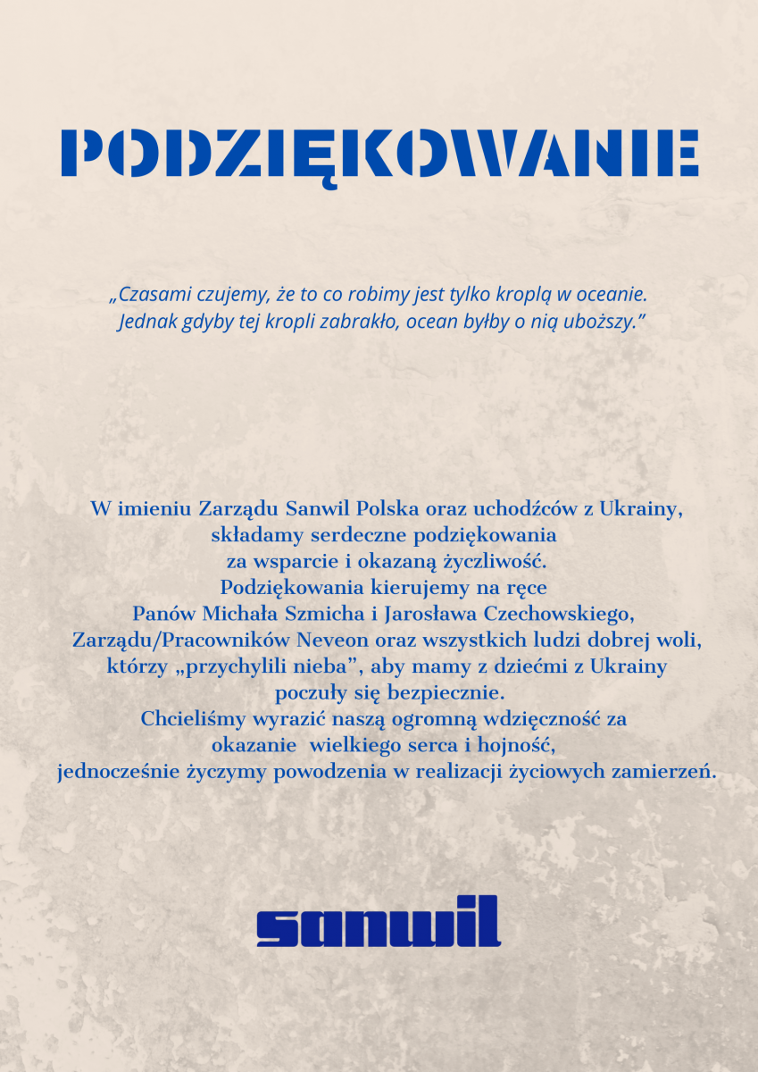 Podziękowania dla Zarządu i pracowników firmy Neveon